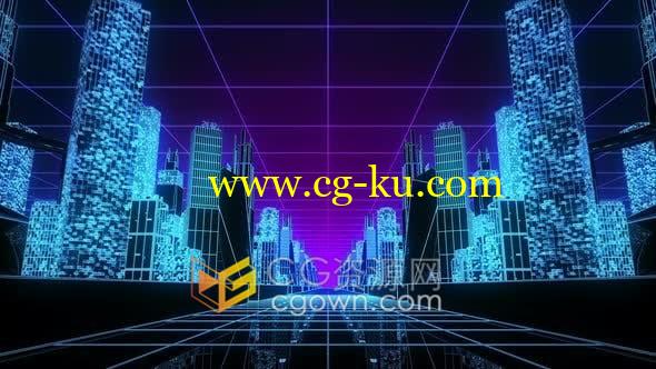 3D网格发光霓虹灯数码城市建筑背景循环视频素材下载的图片1