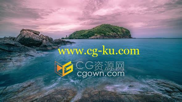 延时4K实拍素材日落时分帕岸岛柔和而缓慢的波浪拍打岩石海景的图片1