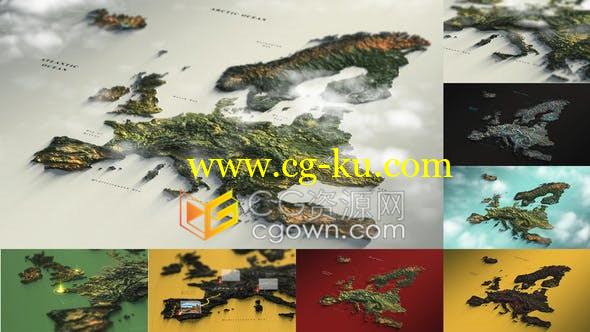 3D欧洲地图背景地标航线旅行路线疫情区域分析揭示动画-AE模板的图片1
