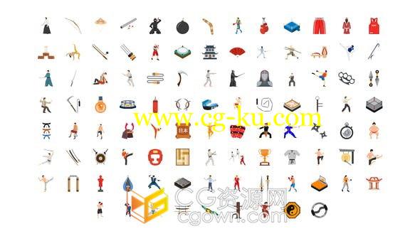 100 Martial Arts Icons 武术图标合气道格斗忍者武器体育动画-AE模板的图片1