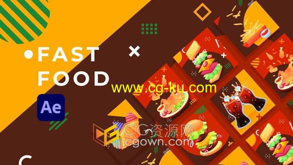 AE模板-卡通图形动画介绍面包汉堡快餐食品炸薯条炸鸡冰淇淋三明治图标场景视频的图片1