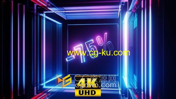 4K视频素材-玻璃霓虹灯立方体中旋转-75％折扣循环动画的图片1