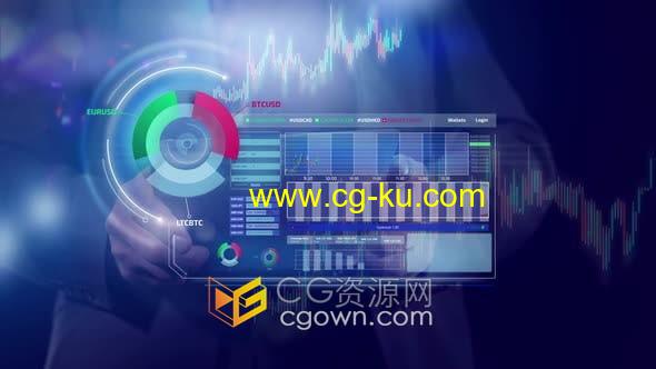 4K视频素材-商人在玻璃平板电脑操作信息图表动画背景素材的图片1