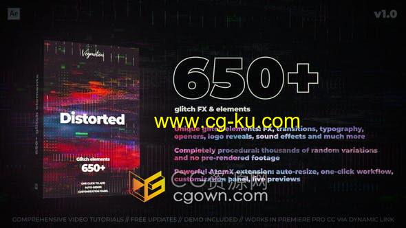 AE模板扩展脚本预设包650+种视频制作闪烁故障像素化位移抖动VHS特效的图片1