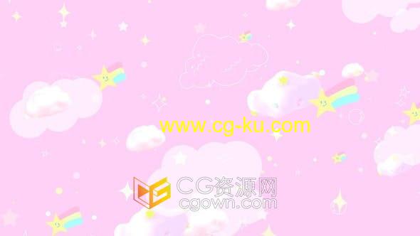 视频素材-环状卡通涂鸦粉彩虹星星云彩红色天空可爱意趣动画背景的图片1