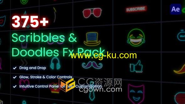AE模板-375个卡通手绘霓虹发光创意元素图形动画素材Scribbles & Doodles FX的图片1