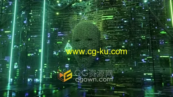 服务器机房中人脸像素吃掉货币符号人工智能加密发展理念3D动画视频的图片1