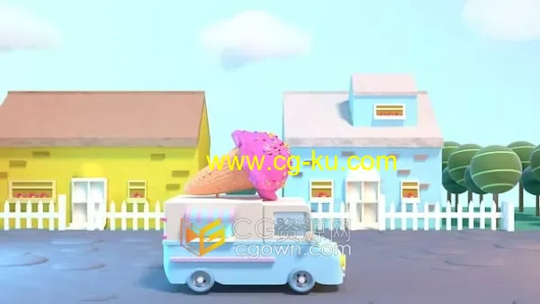 冰淇淋卡车行驶循环3d动画卡通房子栅栏树木草地云彩蓝天视频素材的图片1