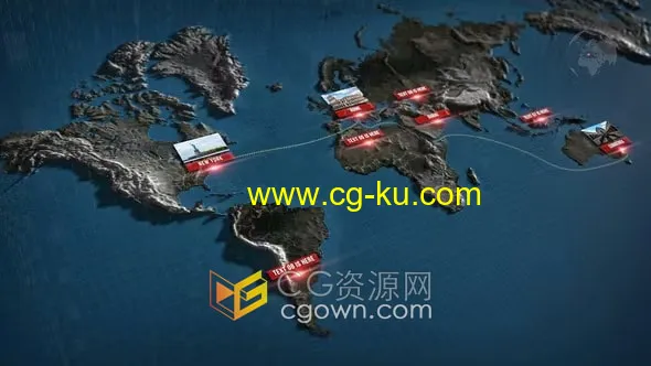 3D世界地图元素背景制作世界知名景点旅行路线导航视频AE模板的图片1