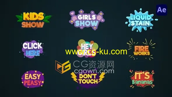 9组设计彩色卡通片名文字标题动画效果AE模板下载的图片1