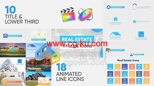 房地产相关图标与文字标题动画FCPX插件下载的图片1