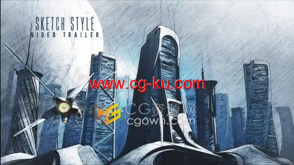 未来城市建筑素描风格动画摩天大楼宇宙飞船宣传视频AE模板的图片1