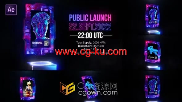 NFT卡片元素循环展示动画霓虹灯效果AE模板下载的图片1
