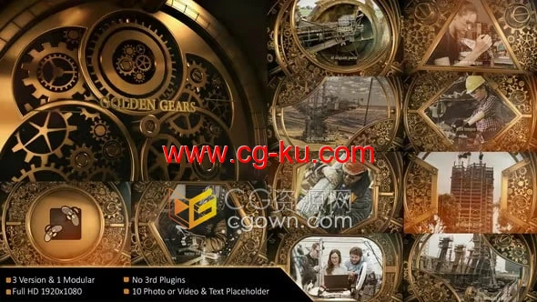 传动机械器3D黄金金属齿轮片头蒸汽朋克风复古幻灯片-AE模板的图片1