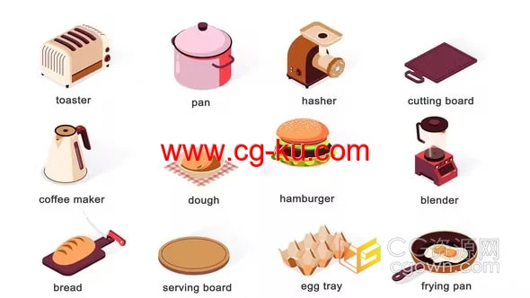 厨房用品等距图标循环动画私坊烘焙快餐服务动画图标-AE模板的图片1