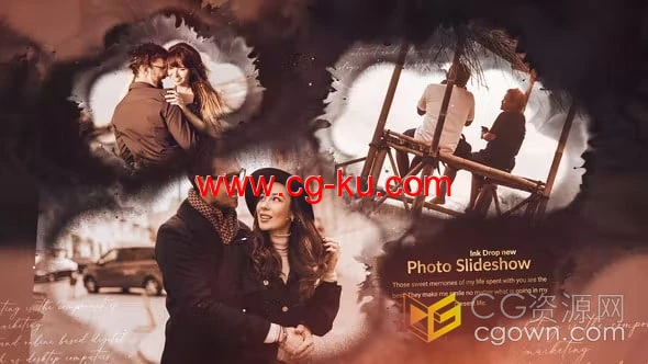 滴墨晕开老旧复古水彩风格遮罩相册-AE视频模板的图片1