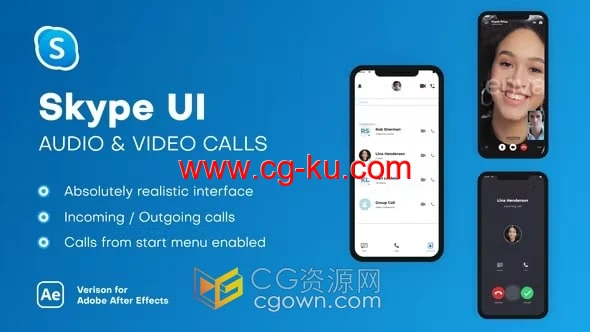 AE模板-Skype UI逼真用户界面应用程序中模拟语音音频和视频通话的图片1