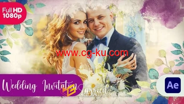 水彩花卉元素婚礼请柬照片幻灯片视频相册动画-AE模板的图片1