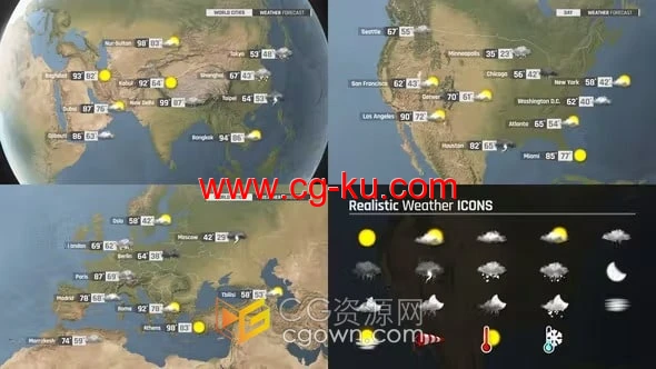 世界地图全球天气预报国家地区或大陆天气警报动画制作-AE模板的图片1