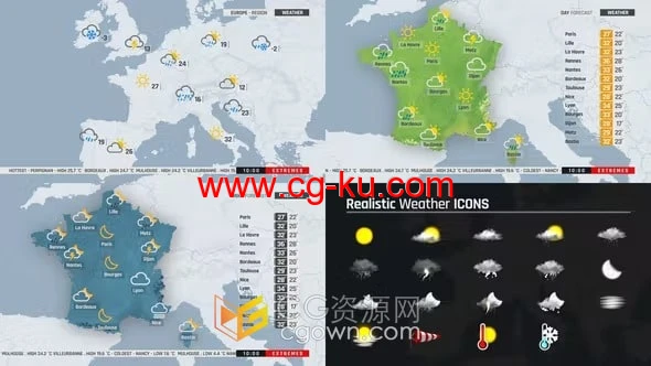 平面世界地图动画240个标记天气预报图标动画-AE模板的图片1