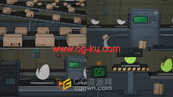 PR模板-卡通制造工厂传送带运输场景工业标志动画的图片1