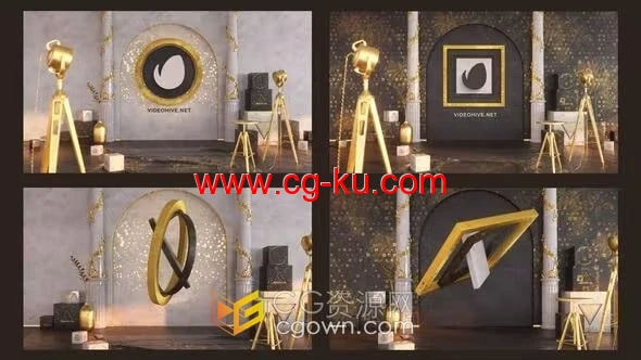 AE模板-金色优雅室内大厅场景3D标志动画显示的图片1