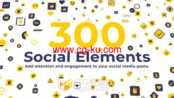 300个社交元素图标表情包向上滑动文字标题字幕条-AE模板的图片1