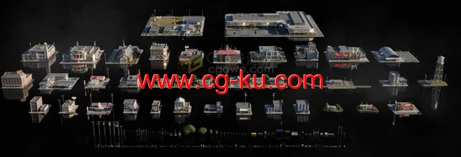 典型郊区传统市区美国小镇3D模型保龄球馆剧院图书馆公共建筑的图片2