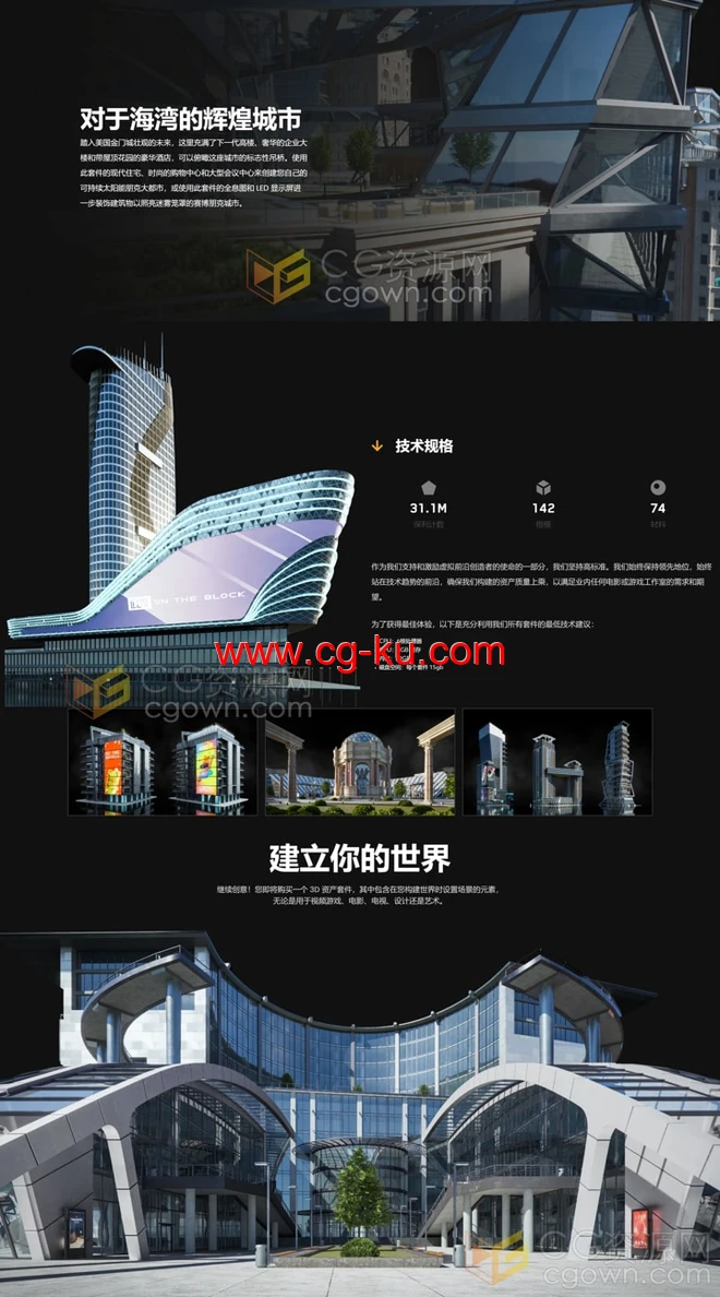 现代辉煌城市企业建筑楼房酒店购物中心3D模型多种三维软件格式的图片3