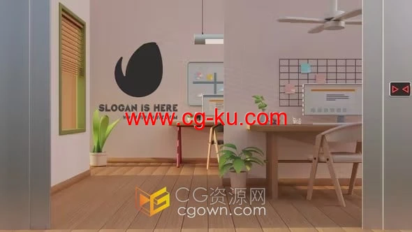自动门对开办公室内场景背景LOGO展示动画-AE模板的图片1