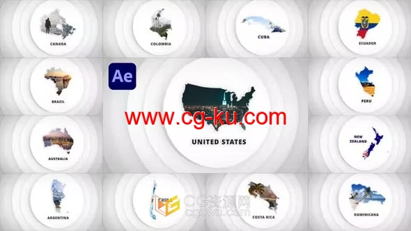 AE模板-澳大利亚新西兰和美洲国家地图3D Disks Maps Opener AE模板-澳大利亚新西兰和美洲国家地图3D Disks Maps Opener的图片1
