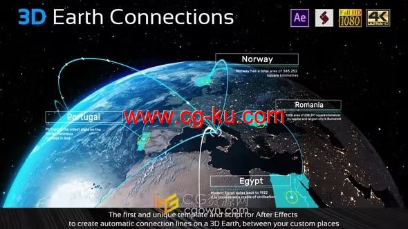 AE模板-3D地球地图地点连线互联网通讯公司全球化布局地球缩放动画地图的图片1
