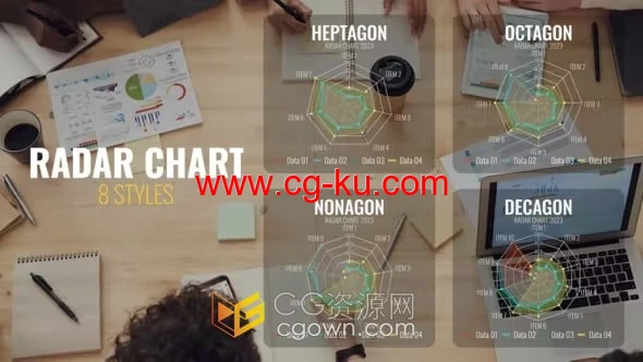8组雷达图蜘蛛网络星图介绍综合能量评分信息图表动画-AE模板的图片1