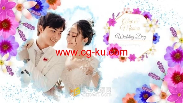 春季水墨婚礼相册甜美花卉动画浪漫婚纱照片展示-AE模板的图片1