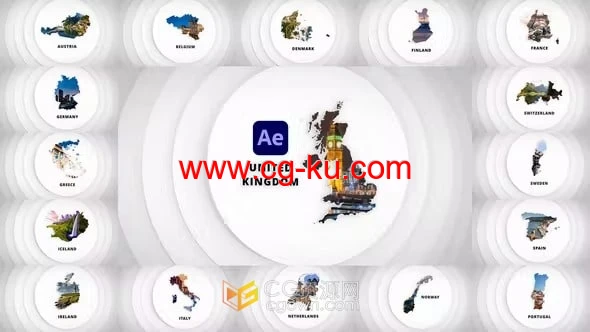 Disks Maps Opener西欧国家地图动画旅游介绍宣传AE模板的图片1