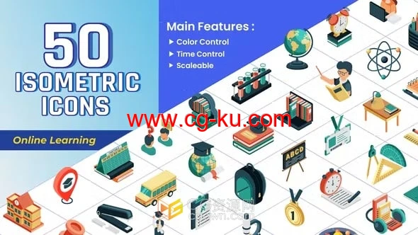 50 Isometric Icons在线学习教学类型图标动画-AE模板的图片1