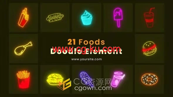 霓虹灯发光美味食品元素图标动画效果-AE模板的图片1