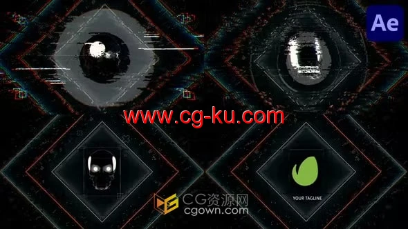 AE模板-带有数字动画机器人头骨酷炫赛博朋克标志故障LOGO的图片1