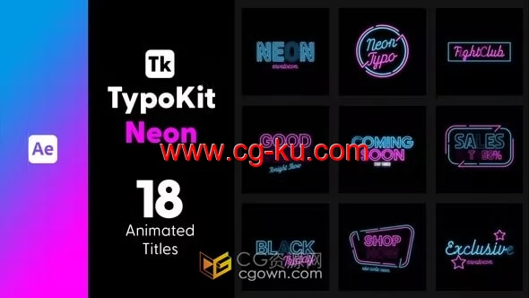 AE模板-18个闪烁霓虹灯标题Typo Kit Neon Titles的图片1