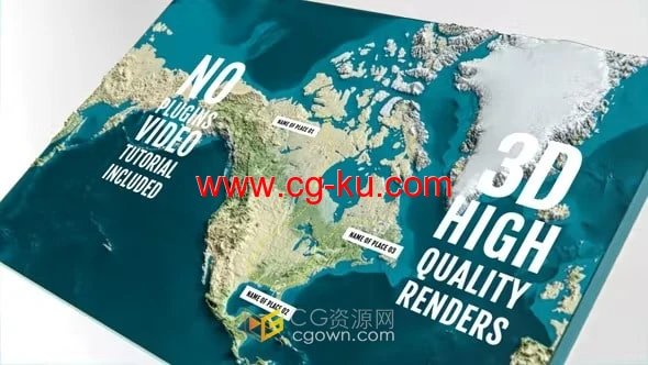 3D Physical Map North America 北美三维立体地图动画-AE模板的图片1