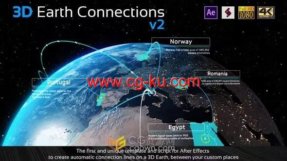 AE模板-三维地球缩放动画地图卫星定位地点连线3D Earth Connections V2的图片1