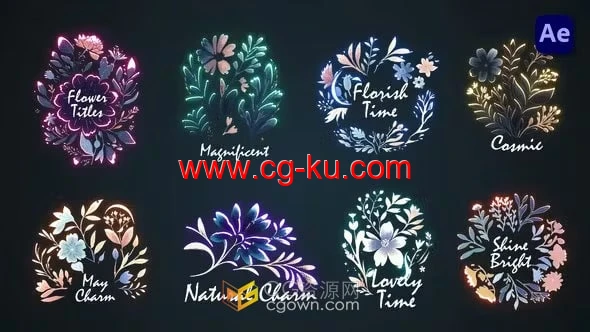 AE与PR模板-花卉标题创意多彩霓虹灯花束徽章标签文本的图片1